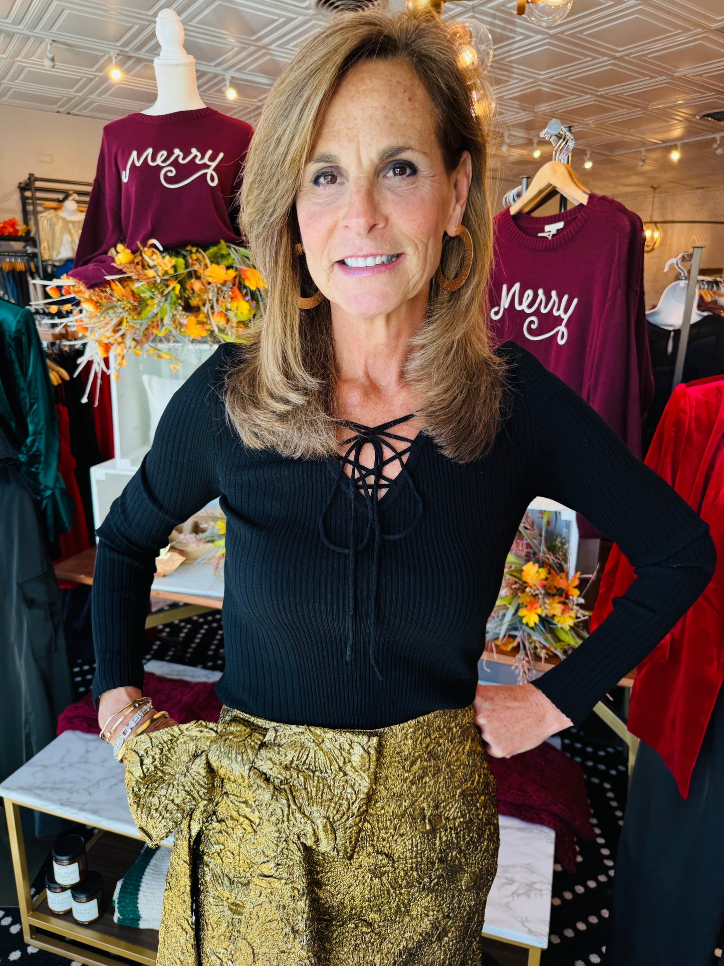 TRACEY LACE UP RIBBED KNIT TOP