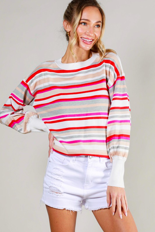 BALLOON SLV MULTI STRIPED SWEATER