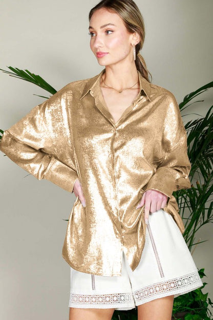 COLLARED DROP SHOULDER METALLIC BLOUSE