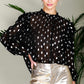 RUFFLE NECK METALLIC DOT PRINT CHIFFON BLOUSE