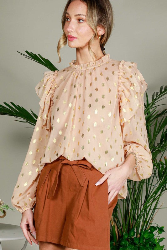 RUFFLE NECK METALLIC DOT PRINT CHIFFON BLOUSE