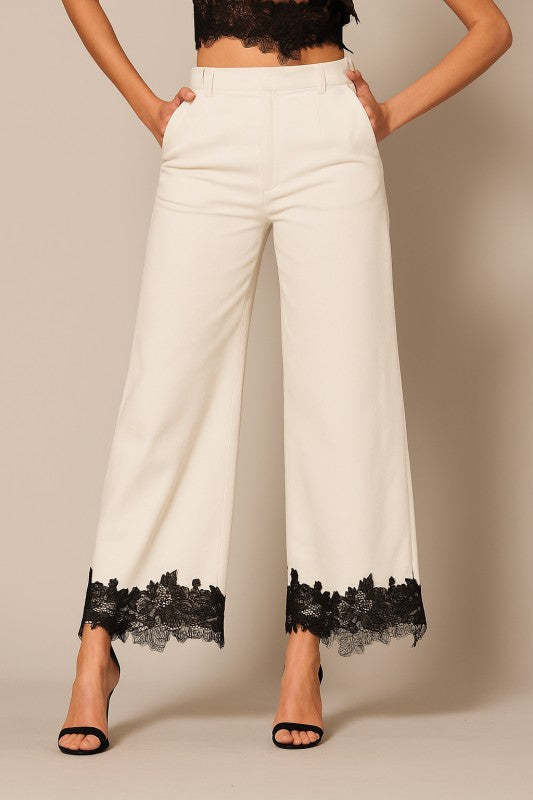 LACE TRIM WIDE LEG TROUSER PANTS