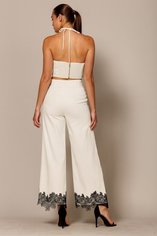 HALTER CROP WITH LACE TRIM TOP