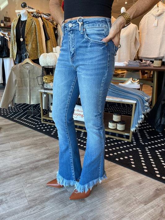 HIGH RISE FRINGE BOOTCUT JEANS