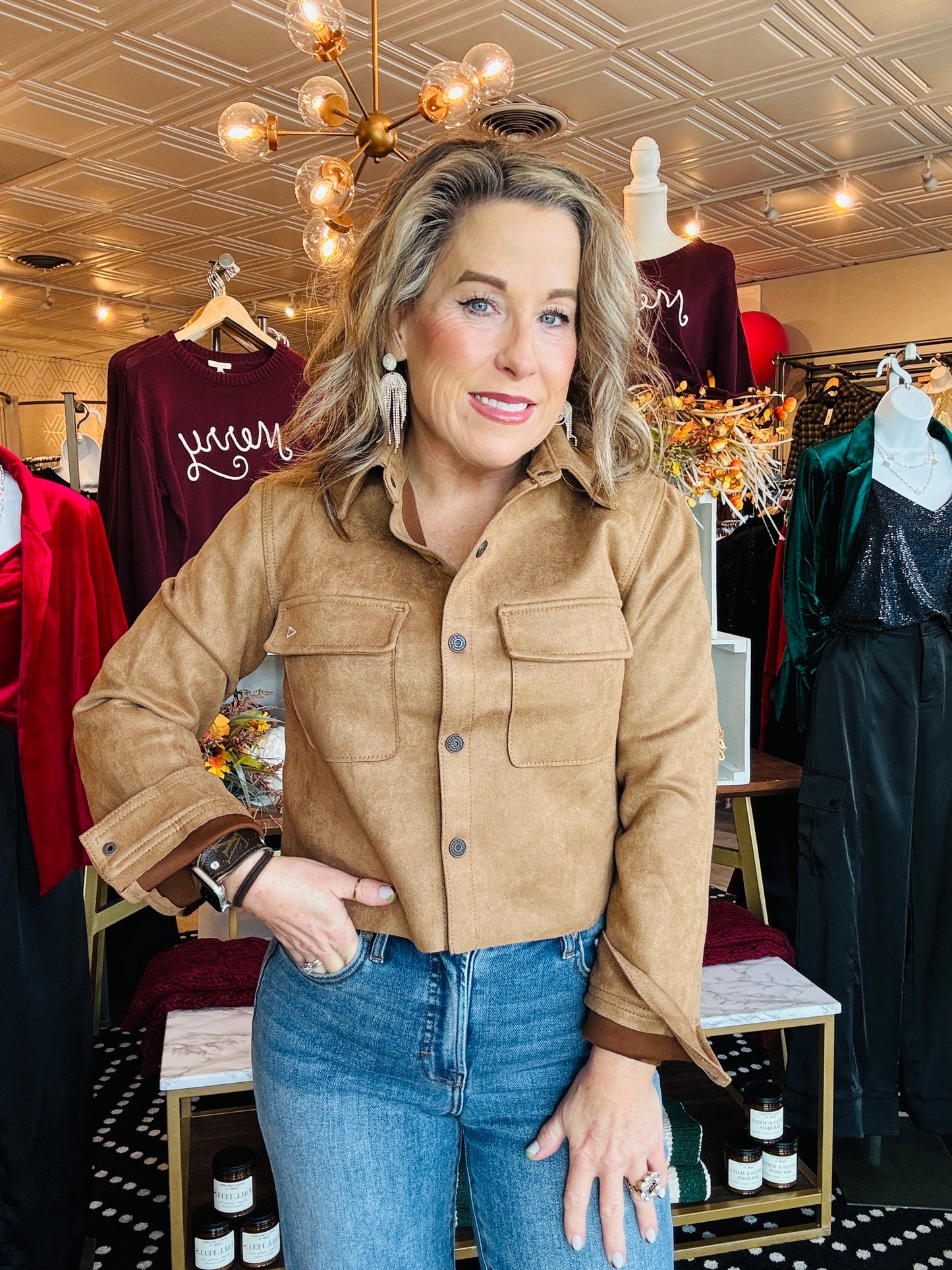 HIDDEN CROPPED SUEDE BUTTON-UP SHIRT