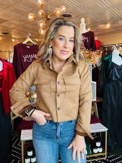 HIDDEN CROPPED SUEDE BUTTON-UP SHIRT