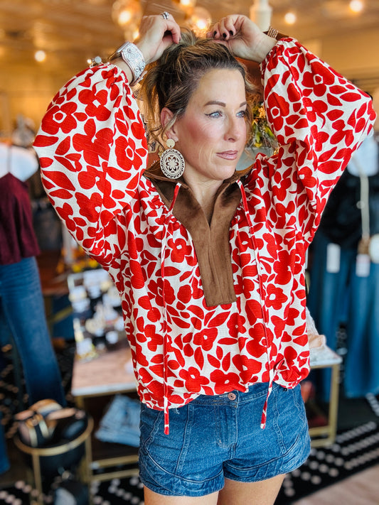 THML FLORAL W/SUEDE COLLAR TOP