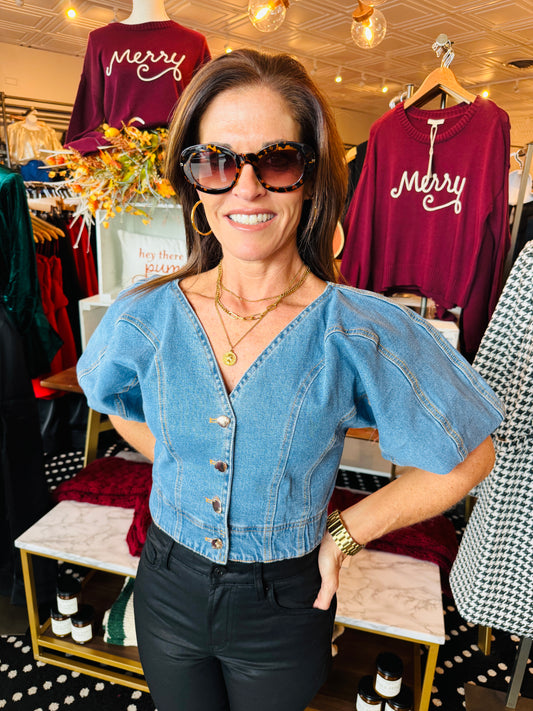 CROP DENIM PUFF SLV TOP