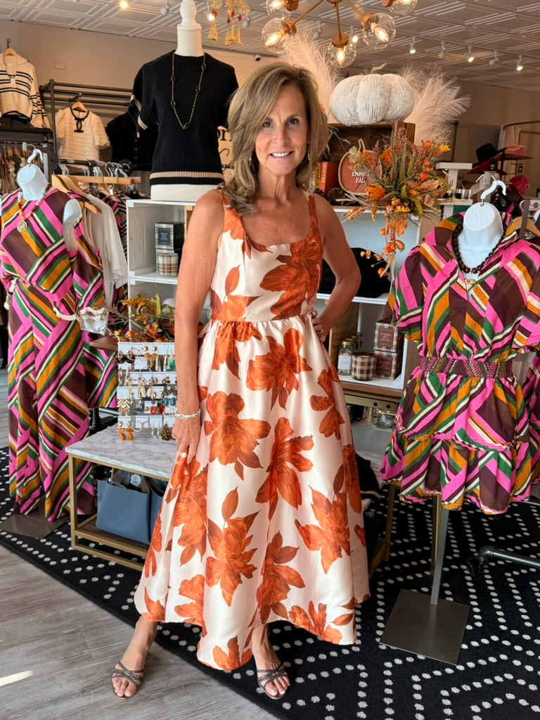 AUTUMNAL FLORAL WOVEN MIDI DRESS