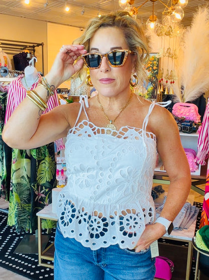 EMBROIDERED EYELET PEPLUM TIE TOP
