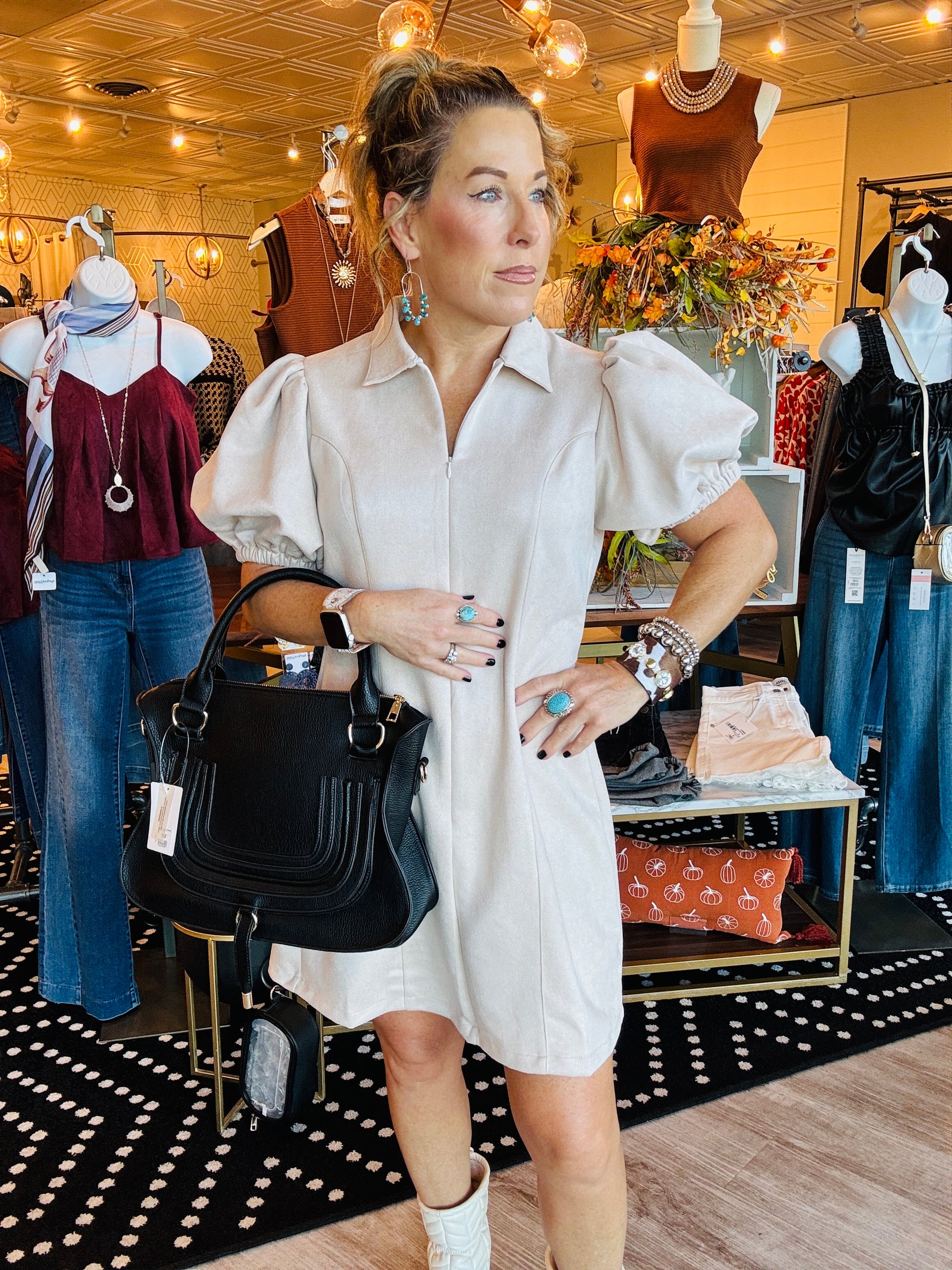 THML PUFF SLEEVE SUEDE DRESS