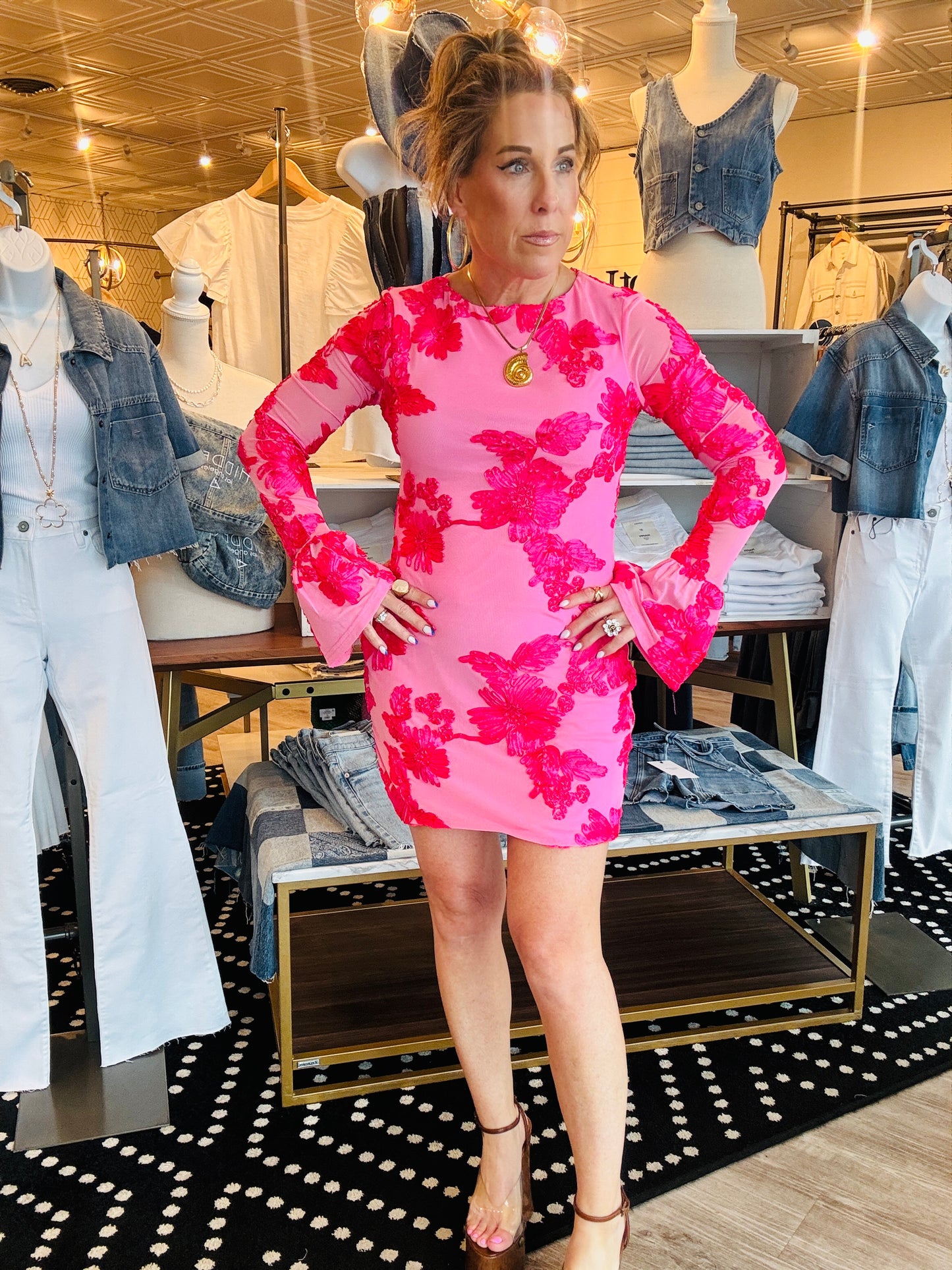 CHIFFON FLORAL BROCADE MINI DRESS