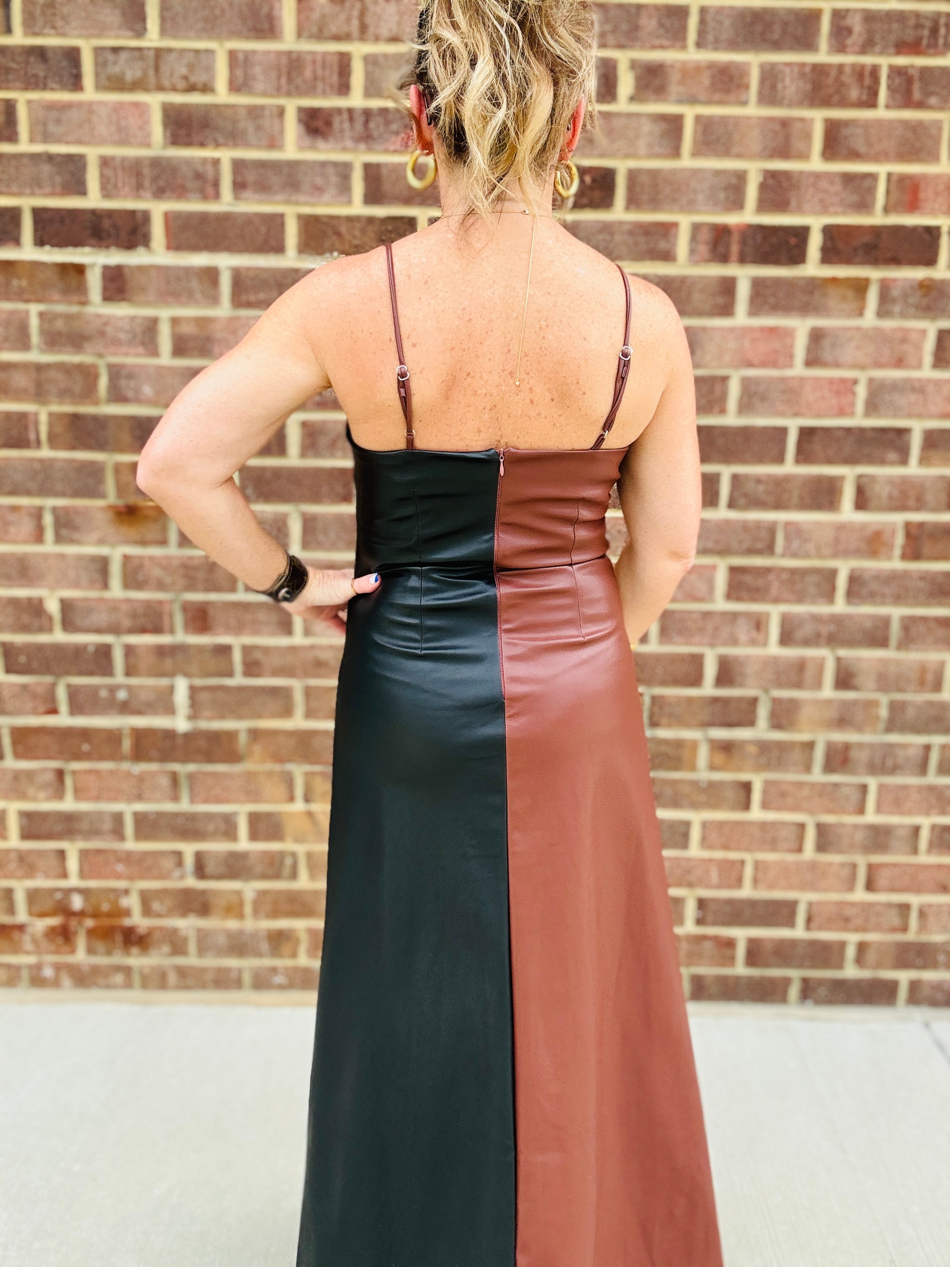 COLOR BLOCK FAUX LEATHER MAXI DRESS