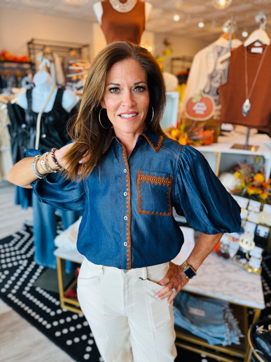 THML PUFF SLV DENIM BUTTON UP TOP