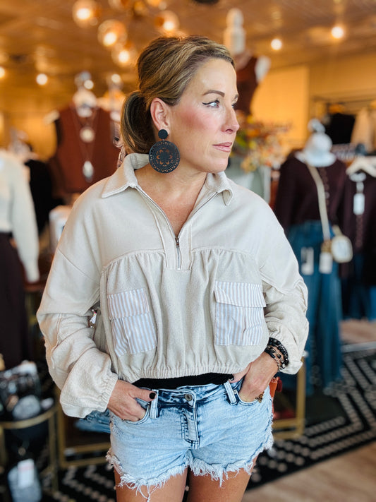STRIPED PATCH POCKET TERRY SWEATER