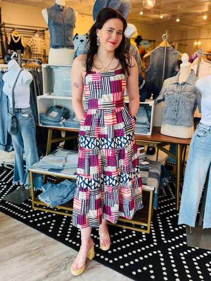 TIERED TANK MULTI STRIPED MIDI DRESS