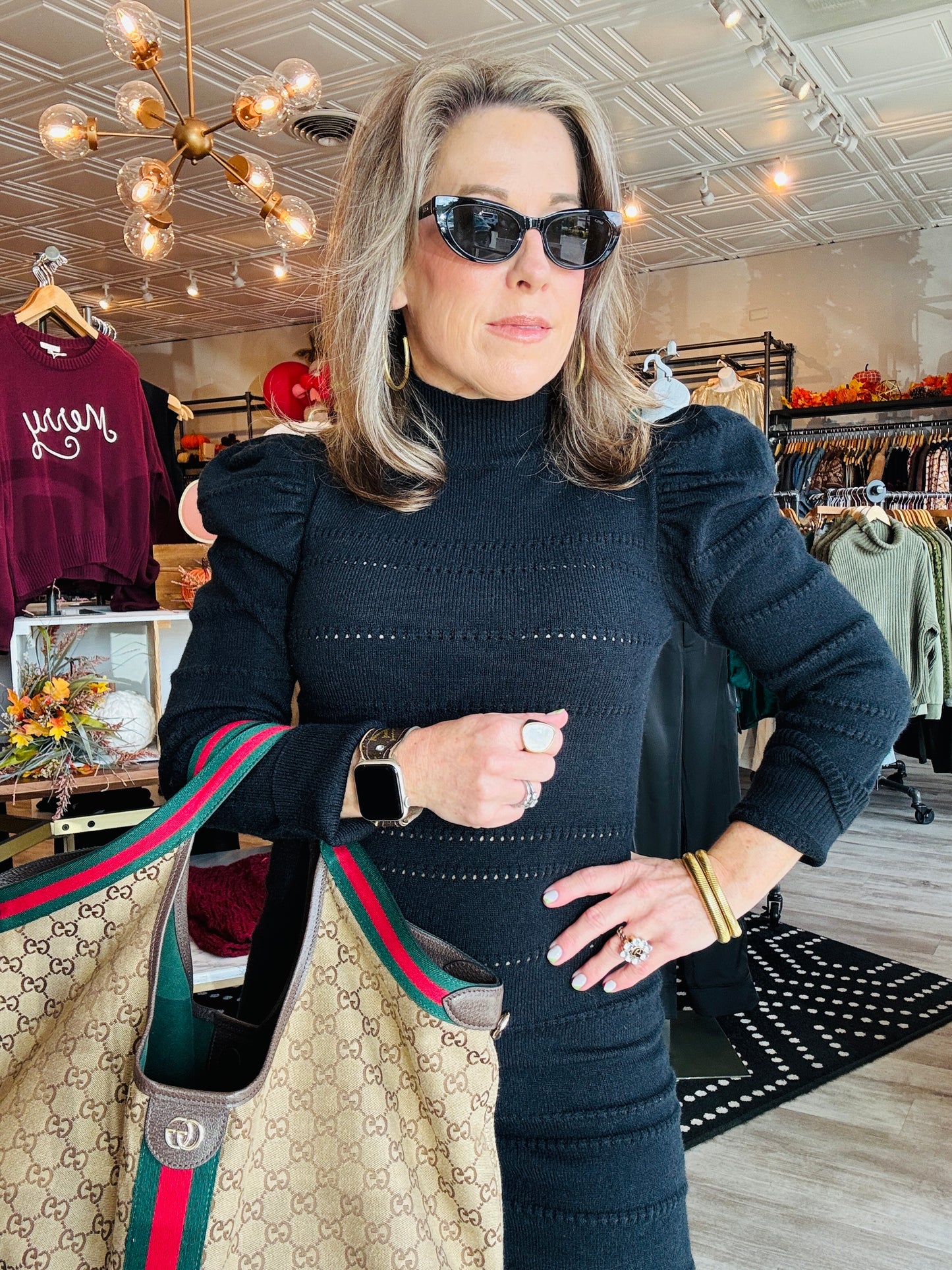 MOCK NECK PUFF SLV KNIT SWEATER DRESS