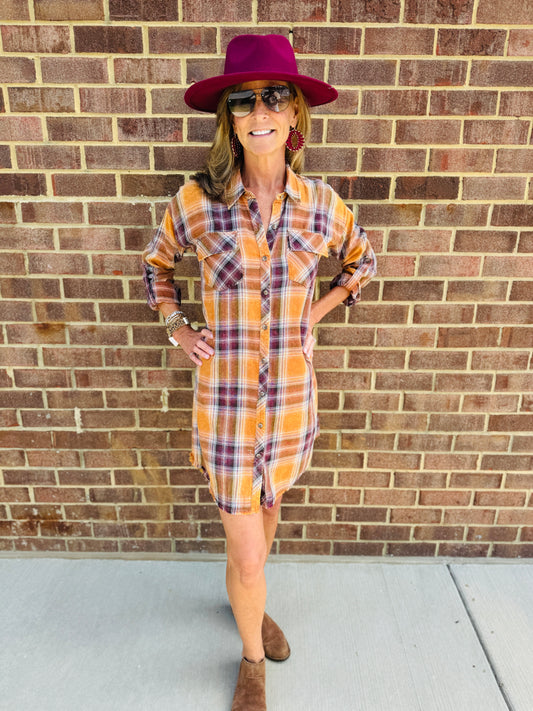 ROLLED UP SLV WASHED PLAID SHIRT DRESS