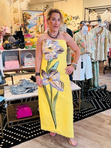 YELLOW RETRO TUBE TOP DRESS W 3D FLORAL