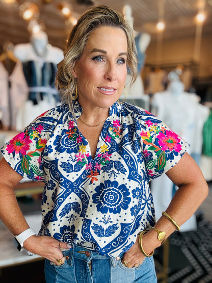 THML SHORT SLV EMBROIDERED PRINT TOP