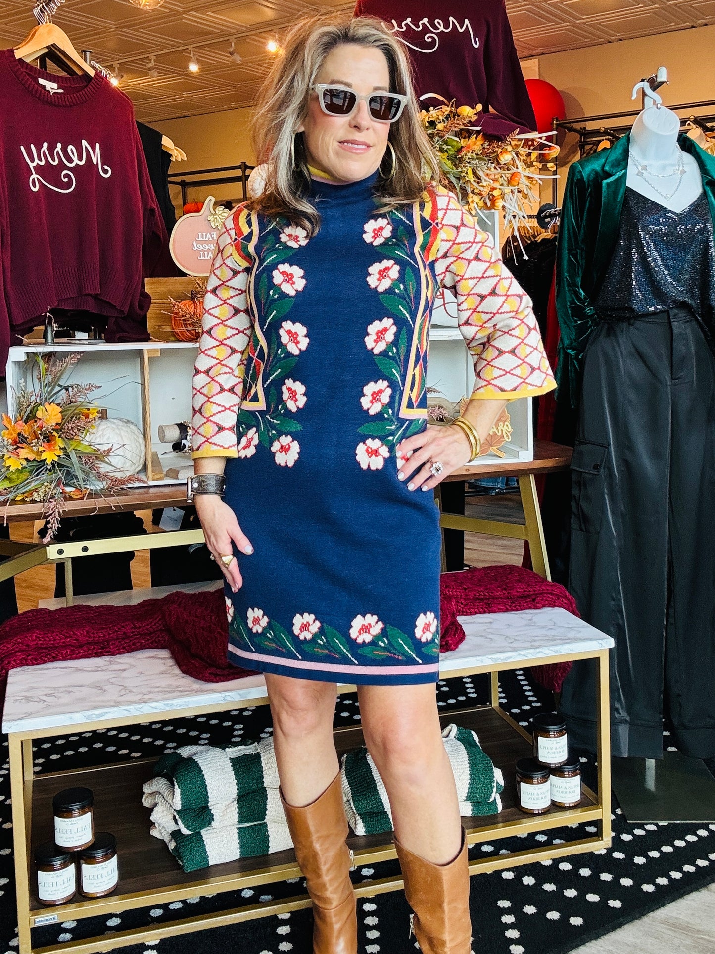 FLORAL AND GEO MOTIF KNIT SWEATER DRESS