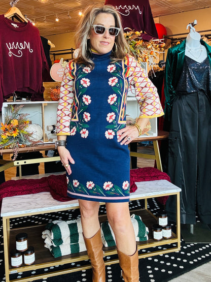 FLORAL AND GEO MOTIF KNIT SWEATER DRESS