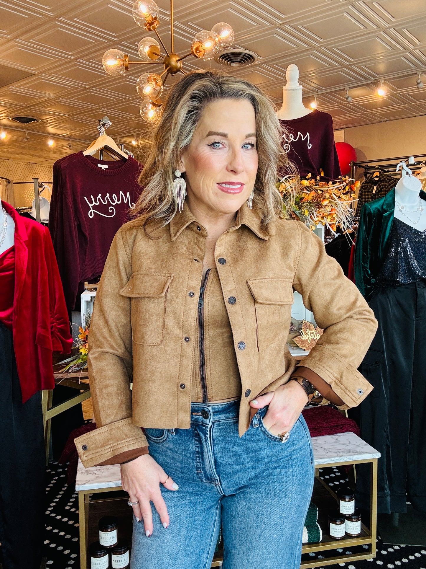 HIDDEN CROPPED SUEDE BUTTON-UP SHIRT