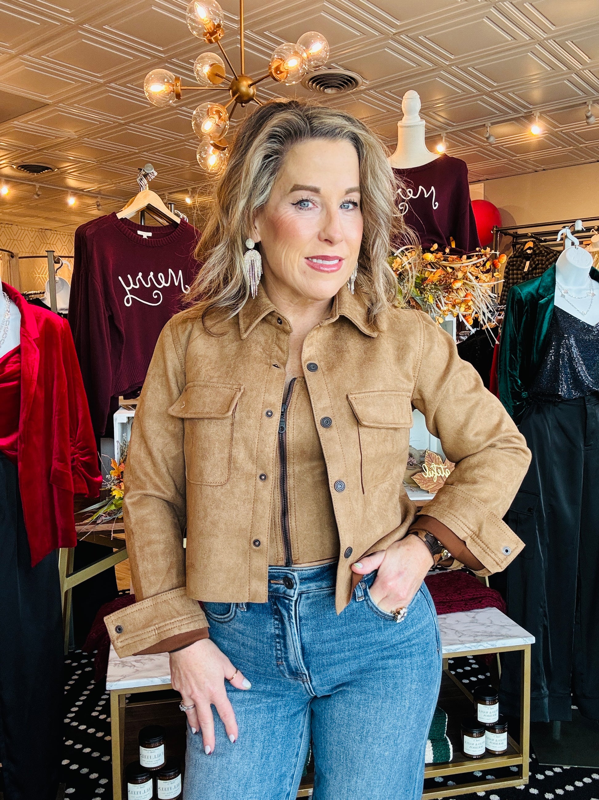 HIDDEN CROPPED SUEDE BUTTON-UP SHIRT