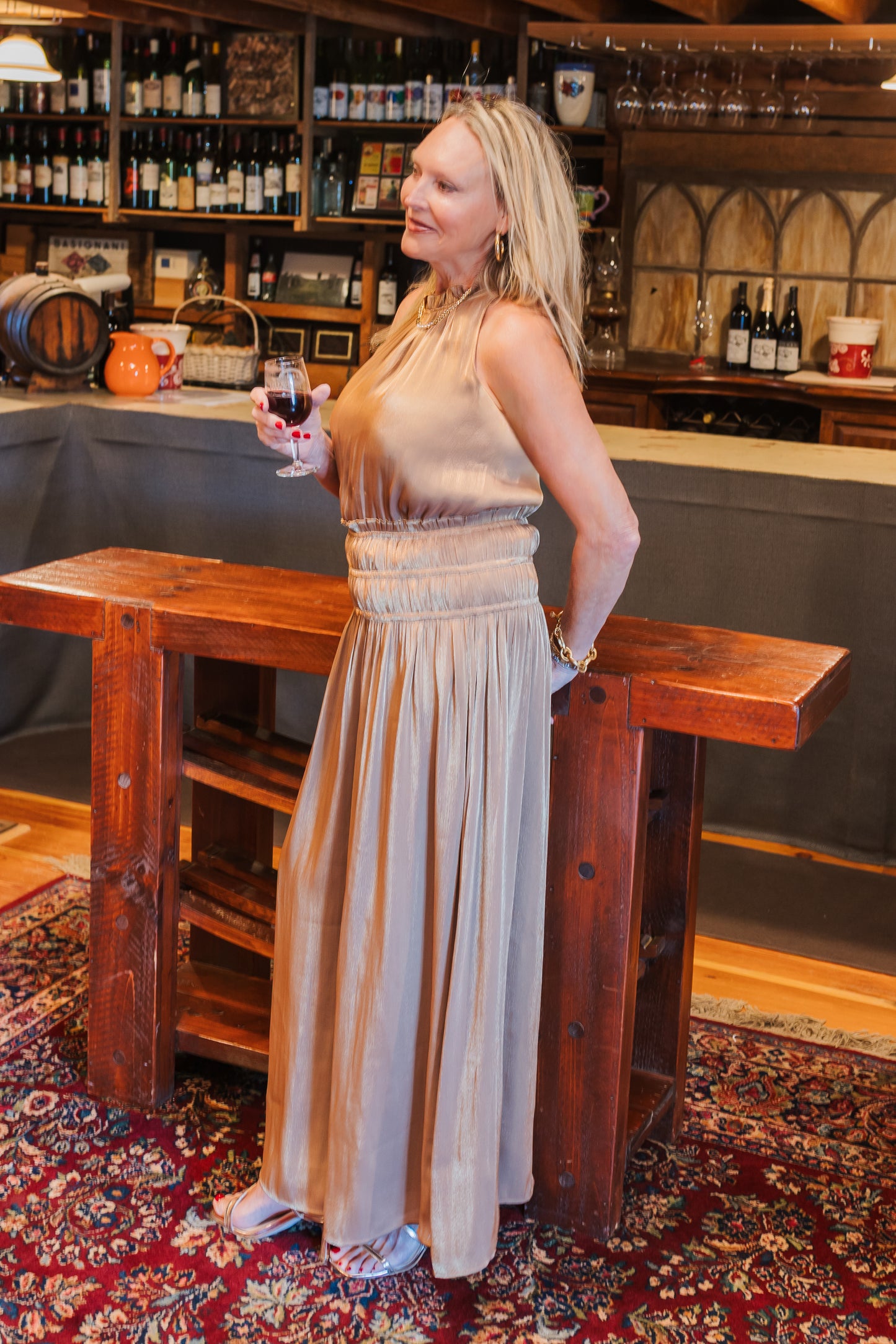 SMOCKED WAIST V NECK MAXI DRESS