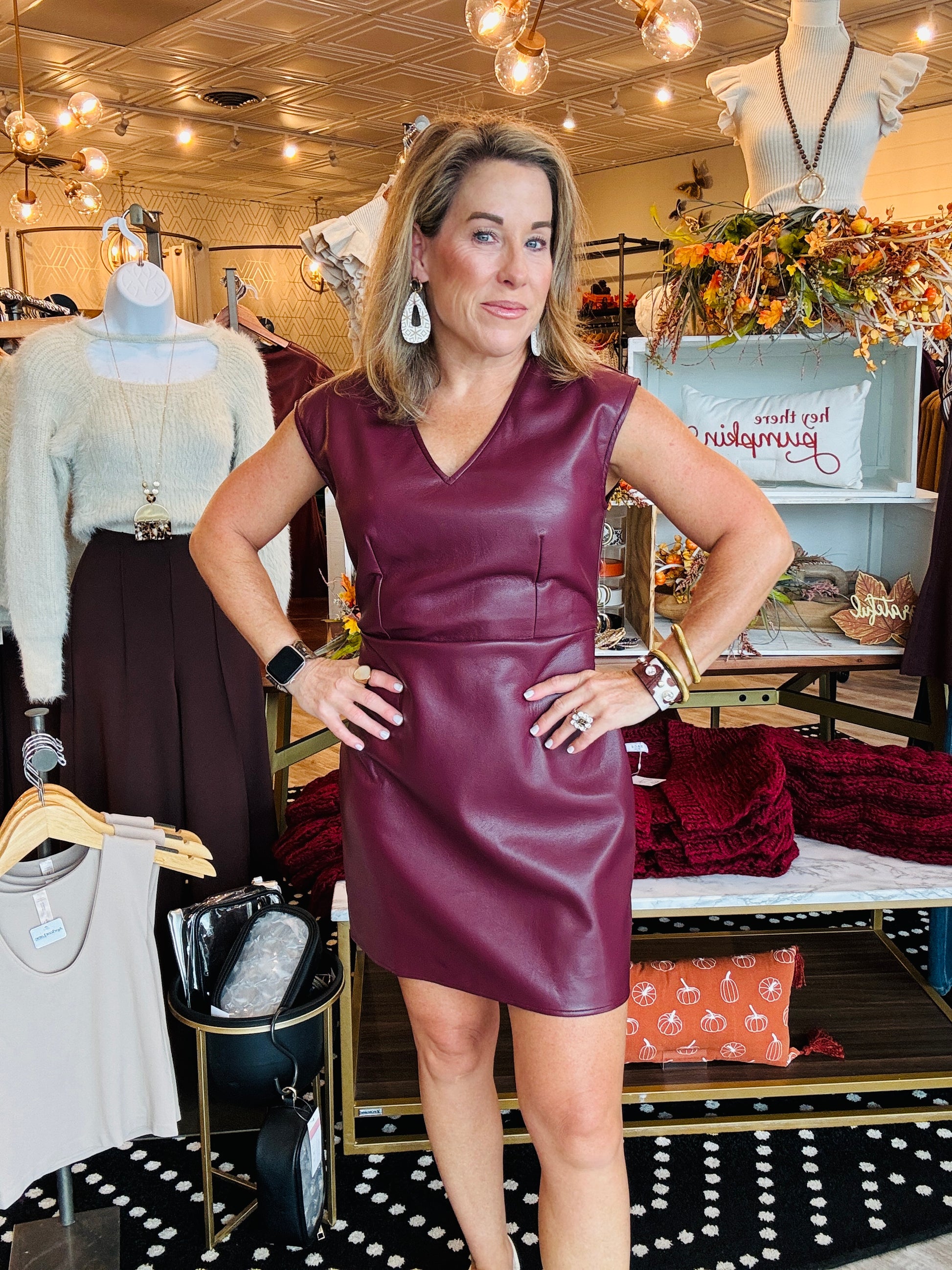 NIGHT VISION V NECK FAUX LEATHER DRESS