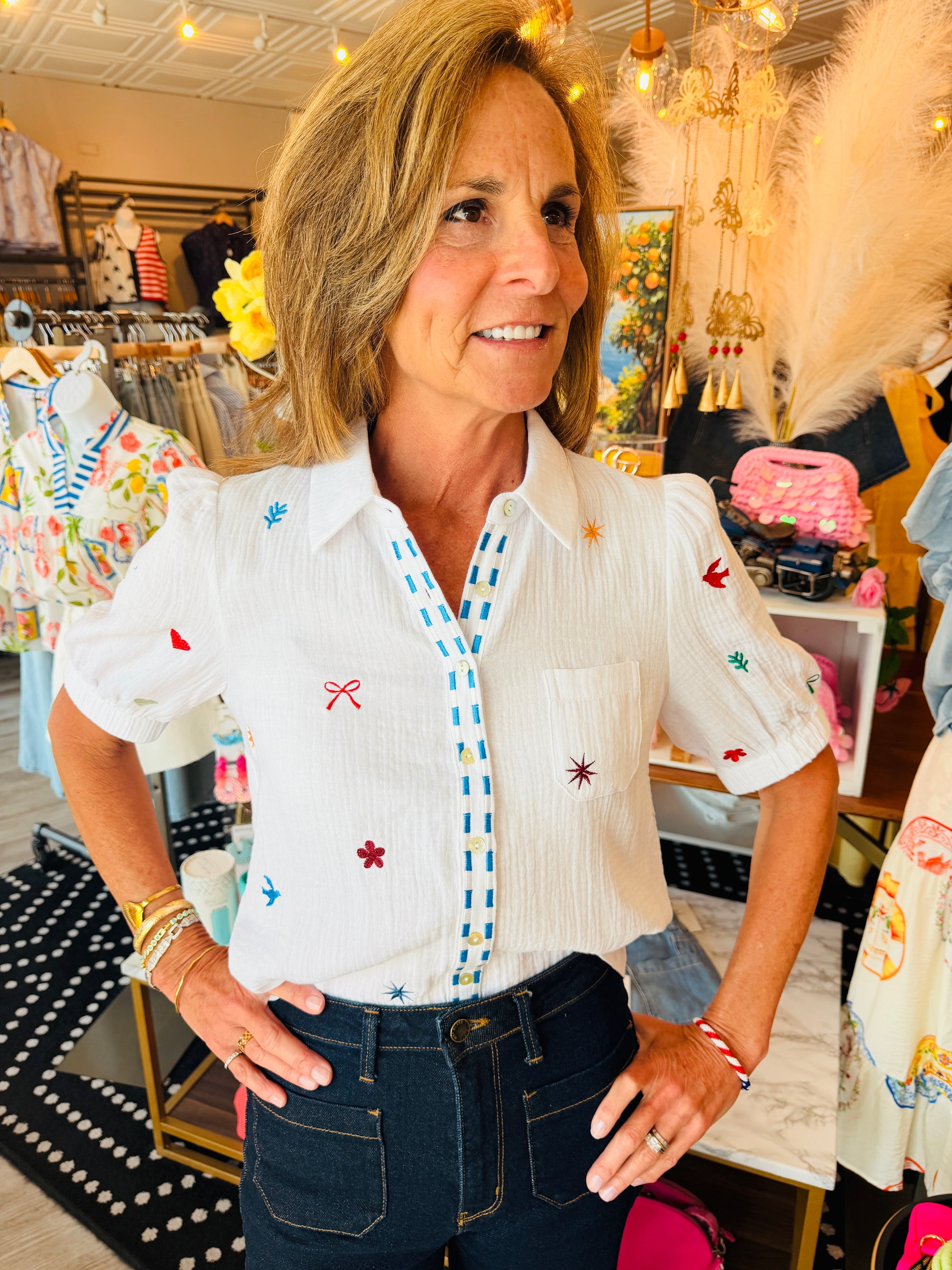 THML BUTTON UP EMBROIDERED TOP