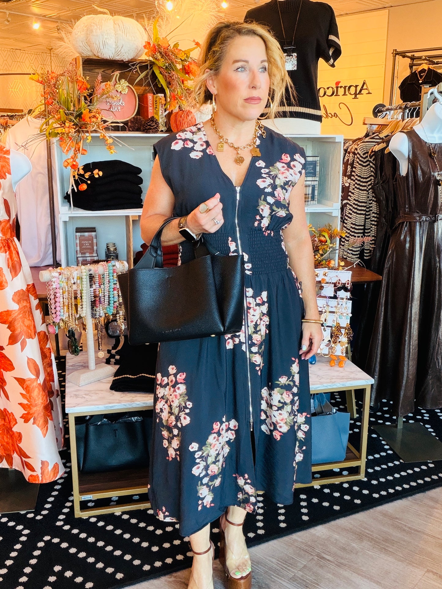 SLEEVELESS FLORAL ZIPPER MIDI DRESS