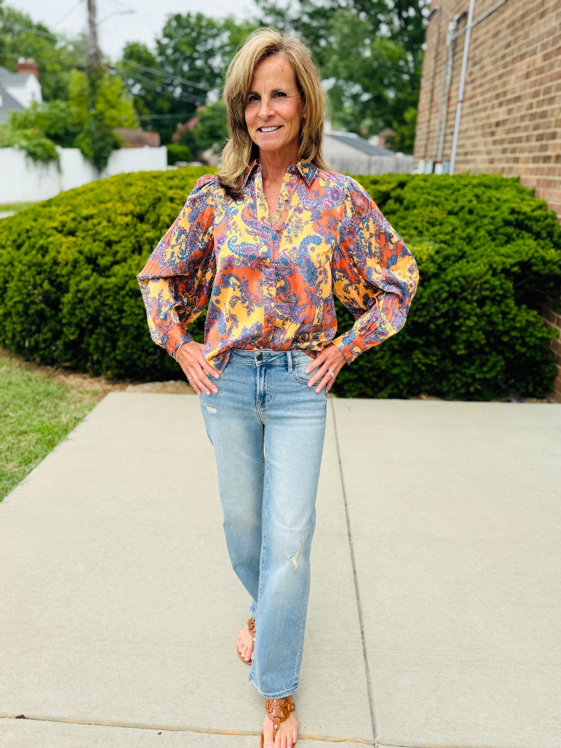 CURRENT AIR PAISLEY PLEATED SLEEVE BLOUSE