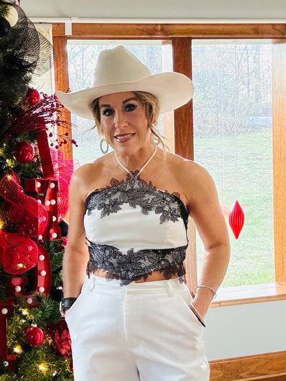 HALTER CROP WITH LACE TRIM TOP