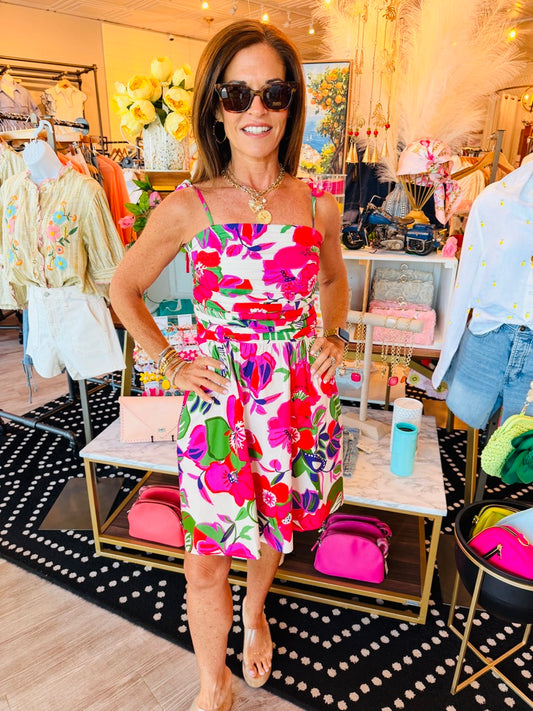 FLORAL PLEATED MINI DRESS