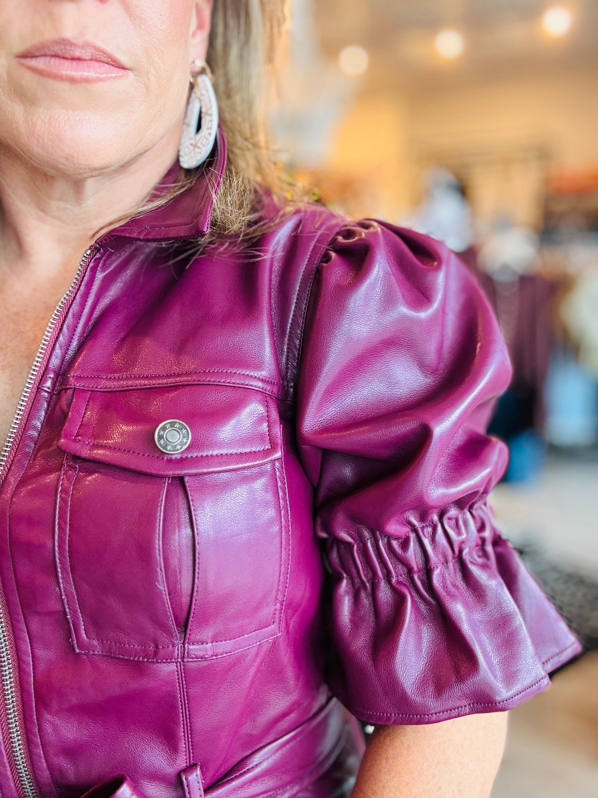 FLAP POCKET PUFF SLV FAUX LEATHER DRESS
