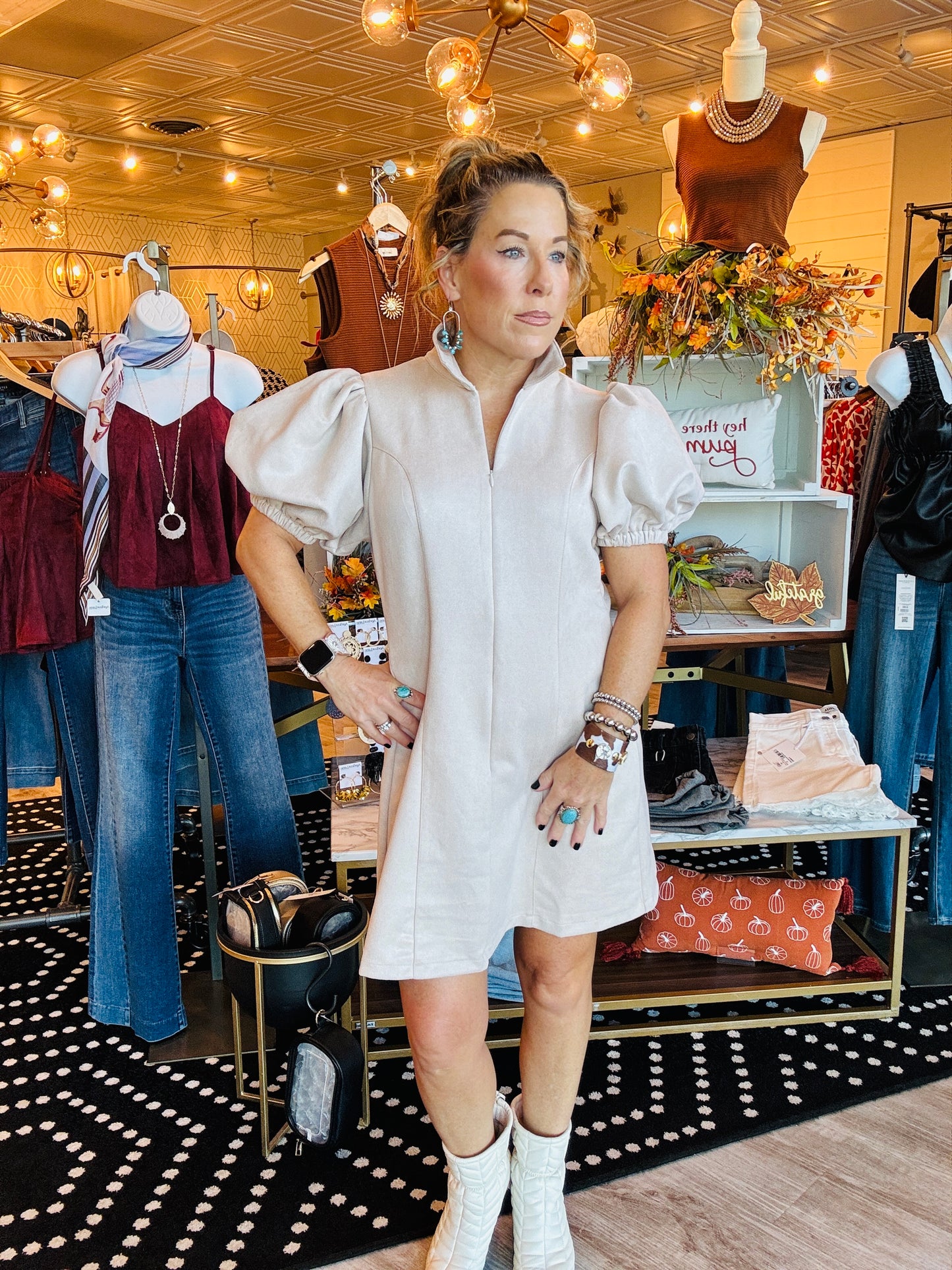 THML PUFF SLEEVE SUEDE DRESS