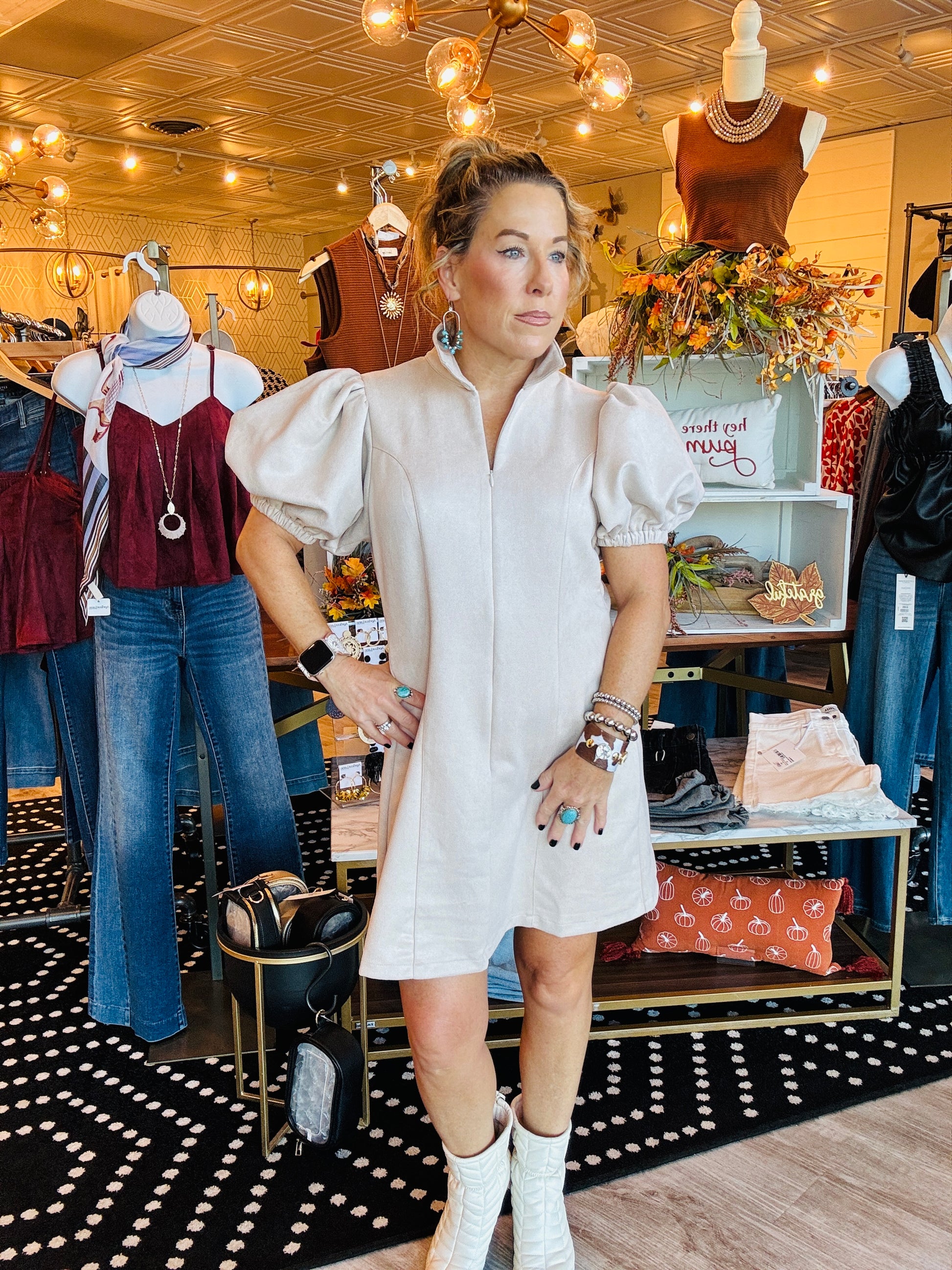 THML PUFF SLEEVE SUEDE DRESS