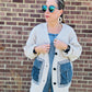 KNIT CARDIGAN W/DENIM POCKETS