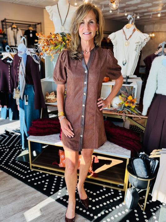 THML PUFF SLV V NECK BUTTON UP SUEDE DRESS