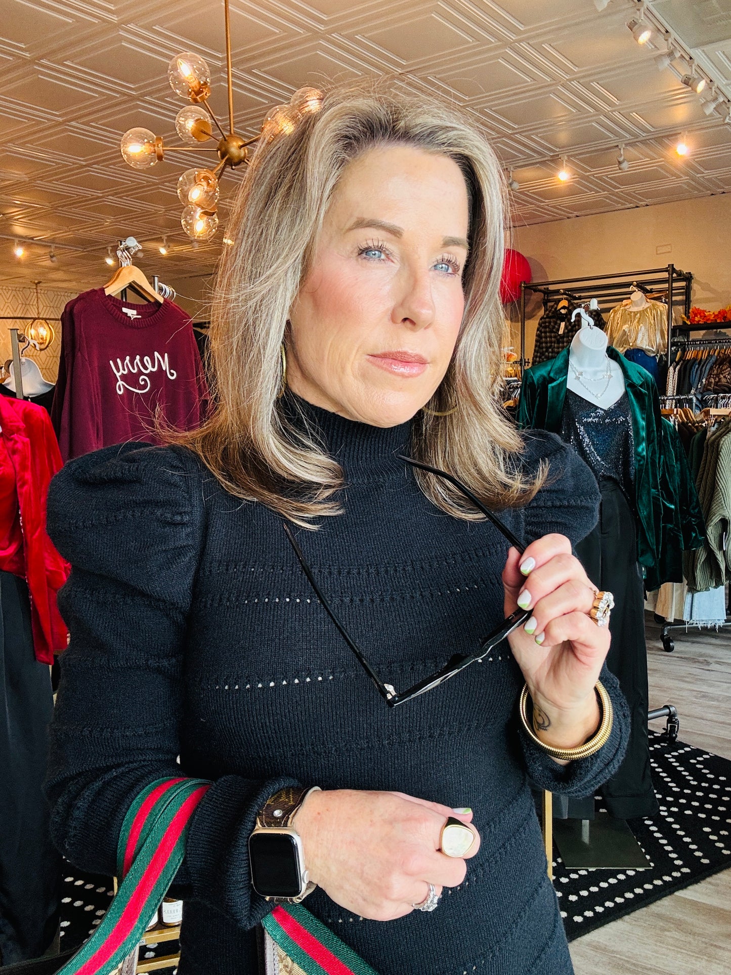 MOCK NECK PUFF SLV KNIT SWEATER DRESS