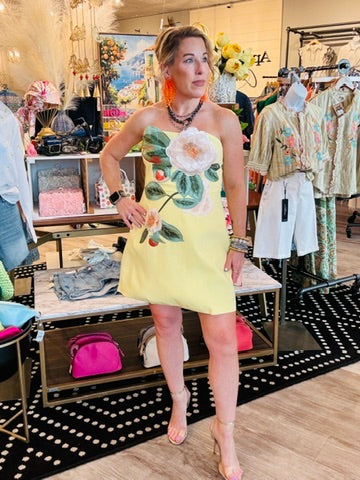 STRAPLESS EMBROIDERED 3D FLORAL MINI DRESS
