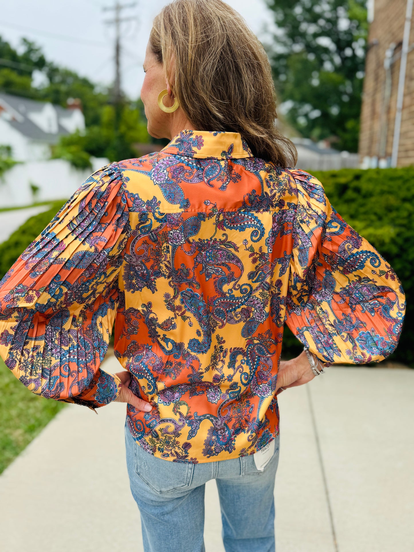 CURRENT AIR PAISLEY PLEATED SLEEVE BLOUSE