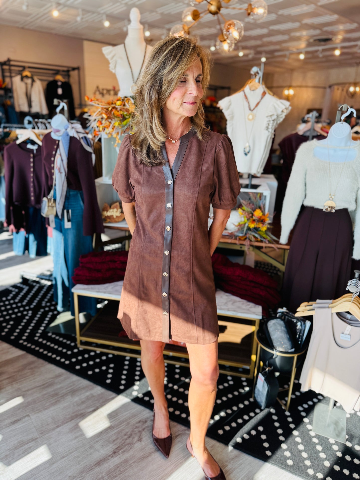 THML PUFF SLV V NECK BUTTON UP SUEDE DRESS