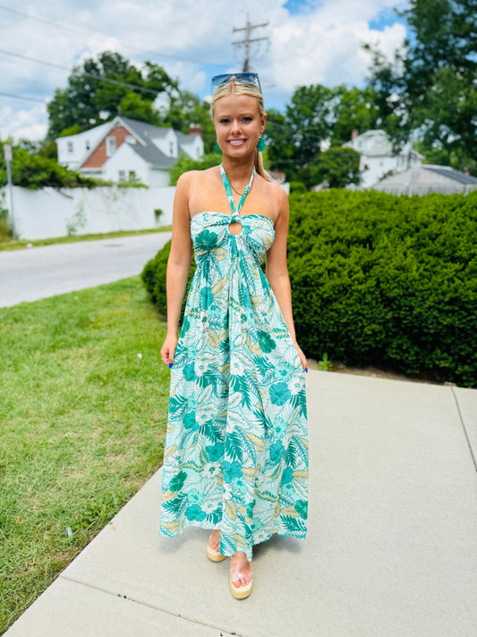 HAWAIIAN HALTER TIE BACK MAXI DRESS