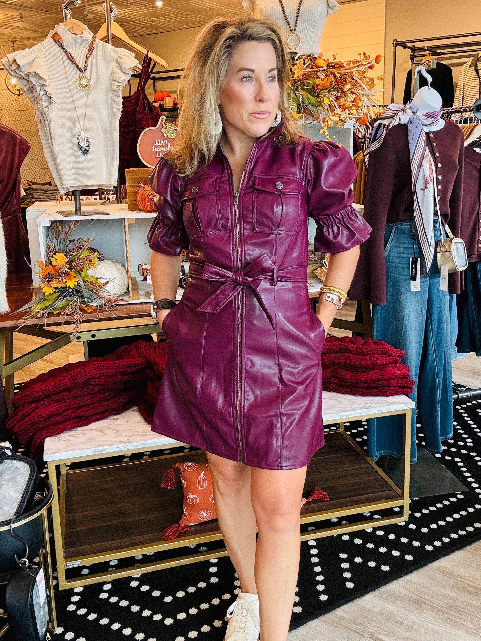 FLAP POCKET PUFF SLV FAUX LEATHER DRESS