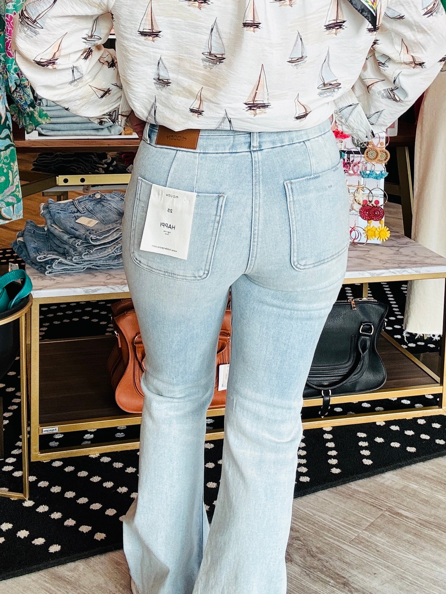 HIDDEN DOUBLE WAISTBAND UTILITY POCKET FLARE JEANS