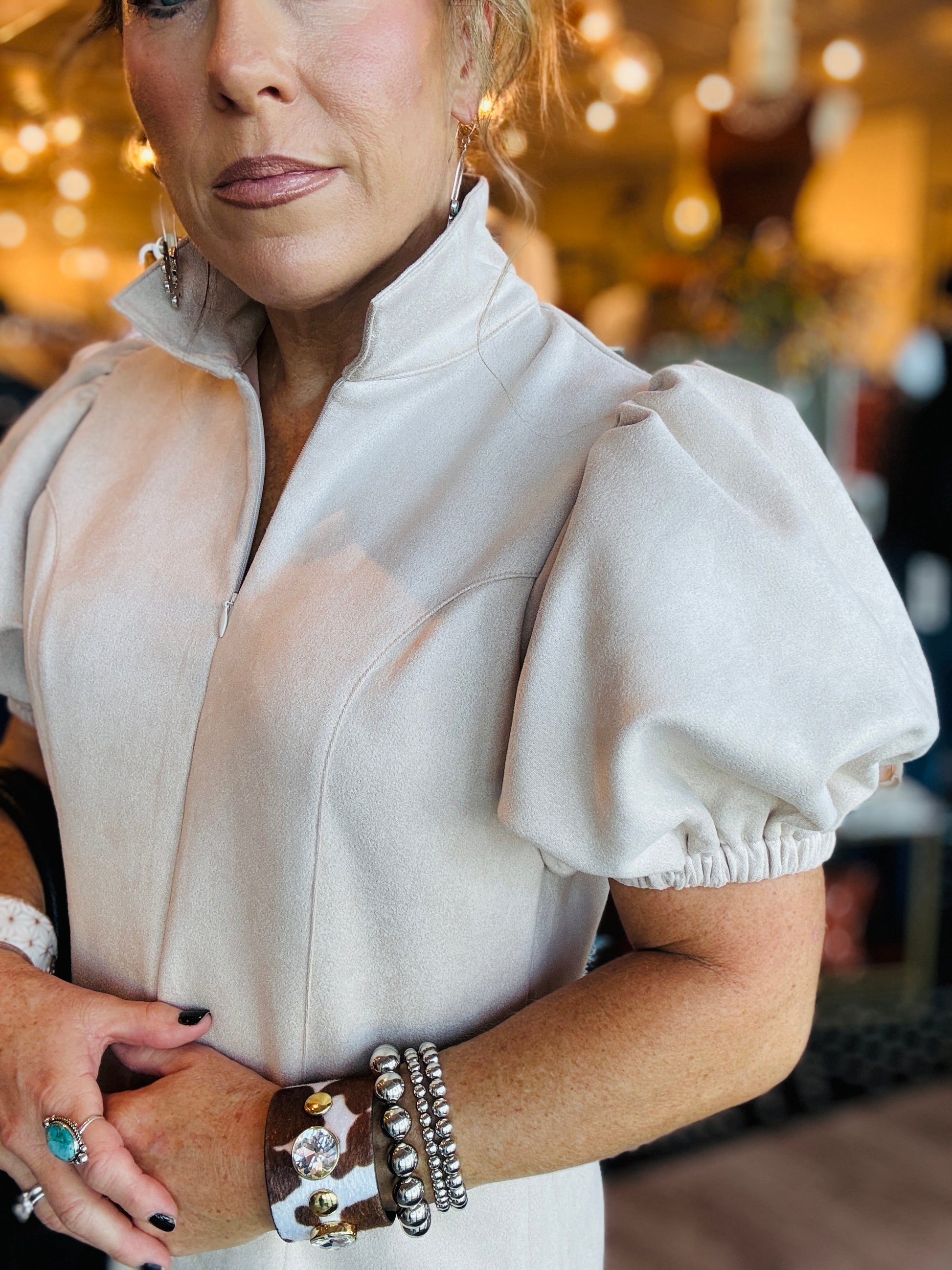 THML PUFF SLEEVE SUEDE DRESS