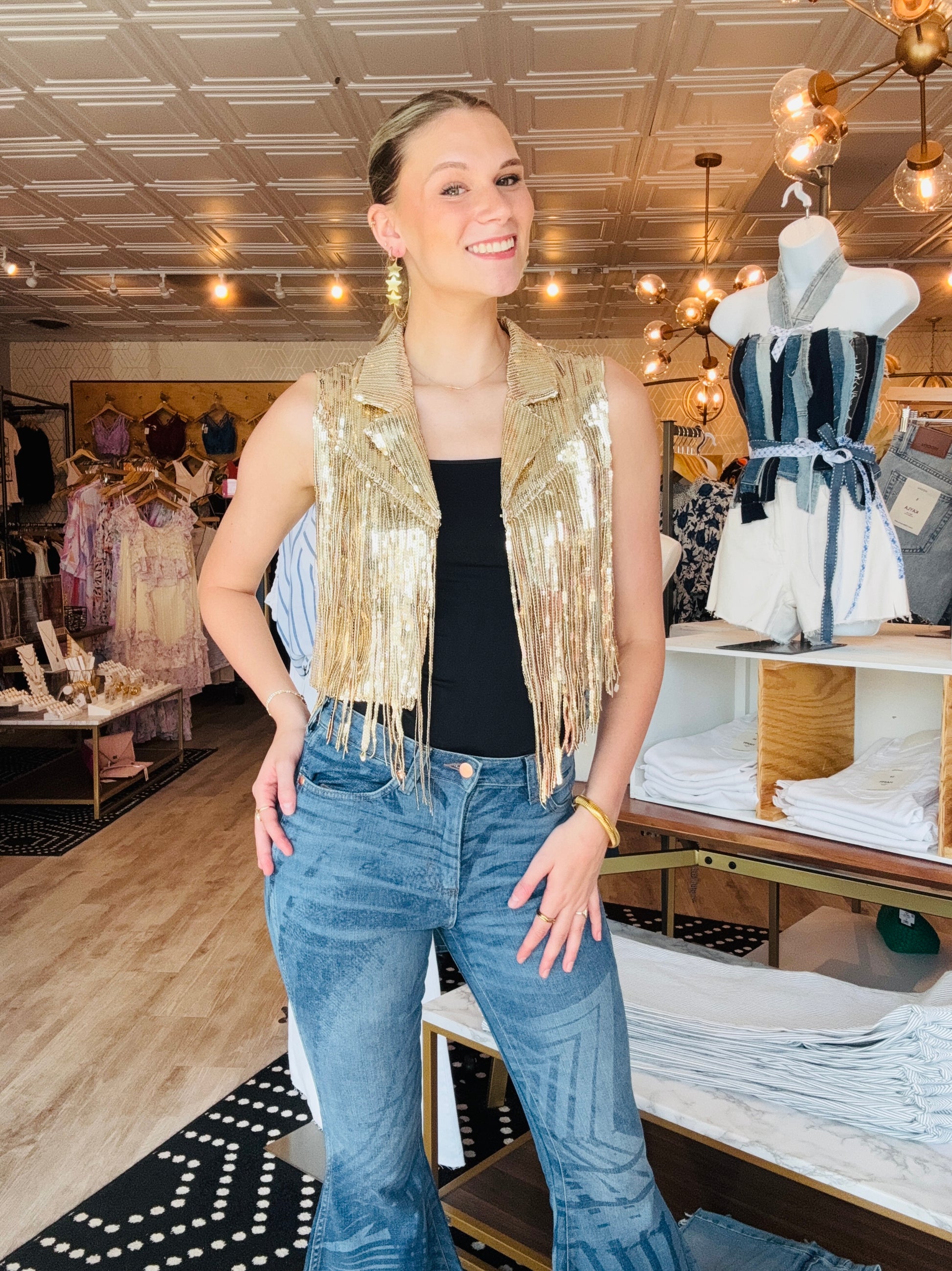 FRINGE SEQUIN COLLARED VEST