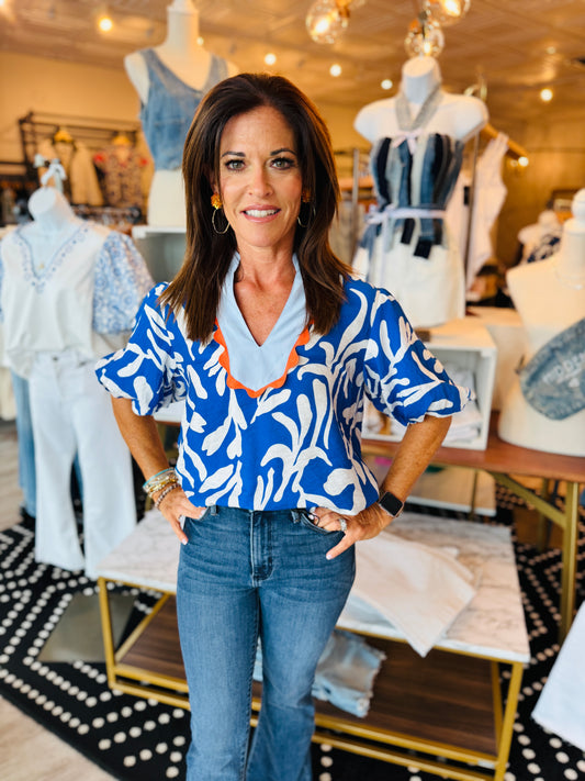 CORAL REEF PRINT PUFF SLV TOP